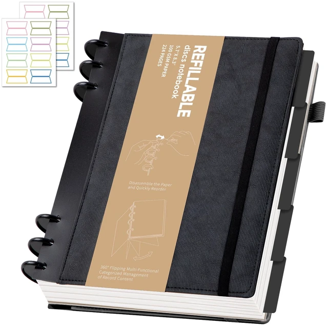 Main image of Leather Notebooks for Work Refillable 224 Page Lined Journal for Men Black,100 GSM Thick 5 Subject Notebook with Removable Dividers Tabs Hardcover Notebook for School Note Taking, 6.1 x 8.3