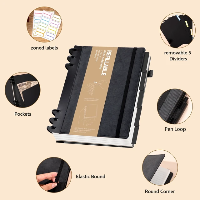 Alt view image 3 of 7 - Leather Notebooks for Work Refillable 224 Page Lined Journal for Men Black,100 GSM Thick 5 Subject Notebook with Removable Dividers Tabs Hardcover Notebook for School Note Taking, 6.1 x 8.3