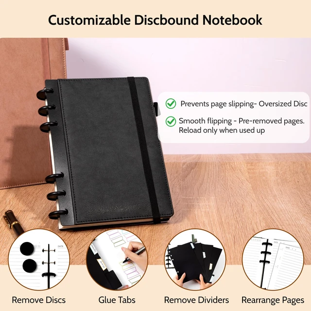 Alt view image 2 of 7 - Leather Notebooks for Work Refillable 224 Page Lined Journal for Men Black,100 GSM Thick 5 Subject Notebook with Removable Dividers Tabs Hardcover Notebook for School Note Taking, 6.1 x 8.3
