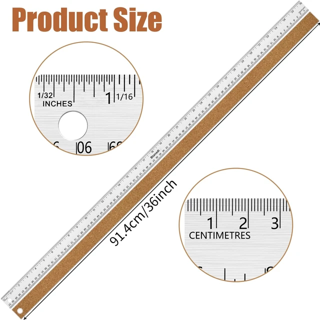 Alt view image 2 of 7 - Metal Ruler 36 Inch, Non-Slip Cork Backing, Ink Bleed-Resistant Edge, 2 Pcs Non-slip straight edge with cork backing and inch/centimeter markings for school, office, drafting and engineering