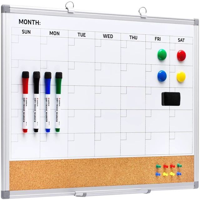 Main image of Magnetic Calendar Whiteboard & Corkboard Combo, 24 x 18 Inches 2-in-1 wall combo: monthly dry erase calendar + cork bulletin board, includes markers, eraser, magnets and push pins