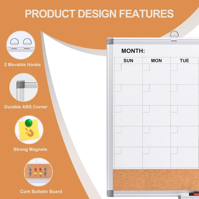 Alt view image 2 of 7 - Magnetic Calendar Whiteboard & Corkboard Combo, 24 x 18 Inches 2-in-1 wall combo: monthly dry erase calendar + cork bulletin board, includes markers, eraser, magnets and push pins
