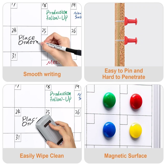 Alt view image 3 of 7 - Magnetic Calendar Whiteboard & Corkboard Combo, 24 x 18 Inches 2-in-1 wall combo: monthly dry erase calendar + cork bulletin board, includes markers, eraser, magnets and push pins