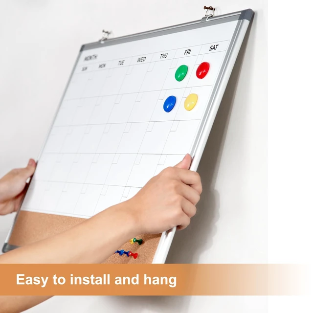 Alt view image 4 of 7 - Magnetic Calendar Whiteboard & Corkboard Combo, 24 x 18 Inches 2-in-1 wall combo: monthly dry erase calendar + cork bulletin board, includes markers, eraser, magnets and push pins