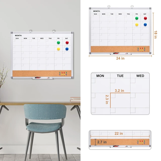 Alt view image 6 of 7 - Magnetic Calendar Whiteboard & Corkboard Combo, 24 x 18 Inches 2-in-1 wall combo: monthly dry erase calendar + cork bulletin board, includes markers, eraser, magnets and push pins