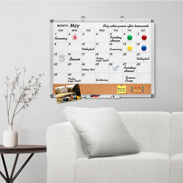 Alt view image 7 of 7 - Magnetic Calendar Whiteboard & Corkboard Combo, 24 x 18 Inches 2-in-1 wall combo: monthly dry erase calendar + cork bulletin board, includes markers, eraser, magnets and push pins