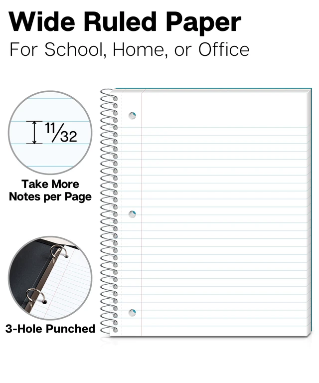 Alt view image 2 of 7 - 3-Subject Spiral Notebook, Wide Ruled, 150 Sheets, Black 3 Subject Sections, Wide Ruled Pages, 150 Sheets, Durable Covers, 3-Hole Punched