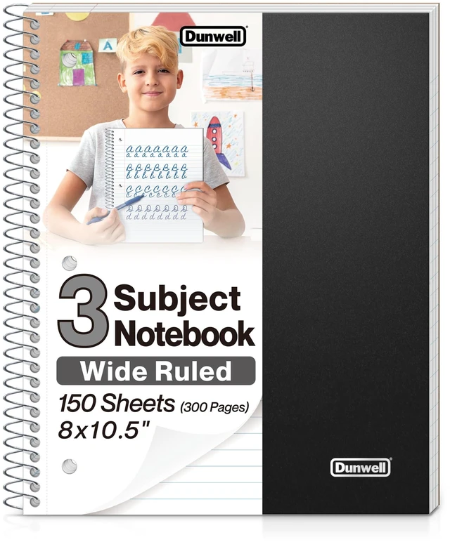 Main image of 3-Subject Spiral Notebook, Wide Ruled, 150 Sheets, Black 3 Subject Sections, Wide Ruled Pages, 150 Sheets, Durable Covers, 3-Hole Punched