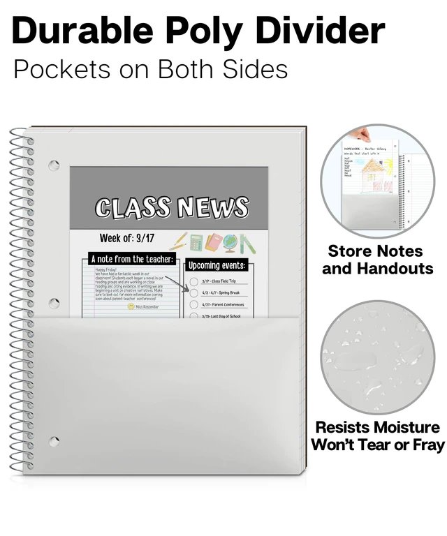 Alt view image 5 of 7 - 3-Subject Spiral Notebook, Wide Ruled, 150 Sheets, Black 3 Subject Sections, Wide Ruled Pages, 150 Sheets, Durable Covers, 3-Hole Punched