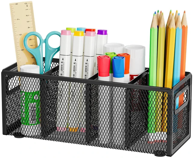 Main image of Mesh Pen Holder for Desk, Pencil Holder Desk Organizer 3 Adjustable Compartments, Pencil Cup with Handle Perfect for Classroom, Office, Home, Makeup, Art (4 Compartments - Black)