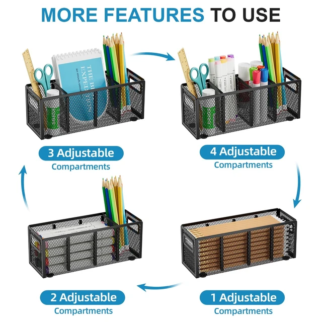 Alt view image 3 of 6 - Mesh Pen Holder for Desk, Pencil Holder Desk Organizer 3 Adjustable Compartments, Pencil Cup with Handle Perfect for Classroom, Office, Home, Makeup, Art (4 Compartments - Black)