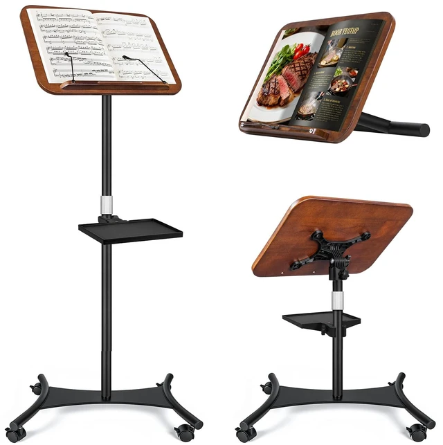 Main image of 2 in 1 Dual-use Music Stand & Desktop Book Stand, Adjustable Height 16.5"-51", 100% Solid Wood Laptop Floor Stand Book Holder with Elastic Page Clips for Cookbooks (Black Walnut with Tray and Wheels)
