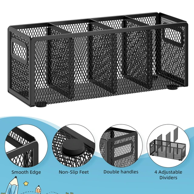 Alt view image 4 of 6 - Mesh Pen Holder for Desk, Pencil Holder Desk Organizer 3 Adjustable Compartments, Pencil Cup with Handle Perfect for Classroom, Office, Home, Makeup, Art (4 Compartments - Black)
