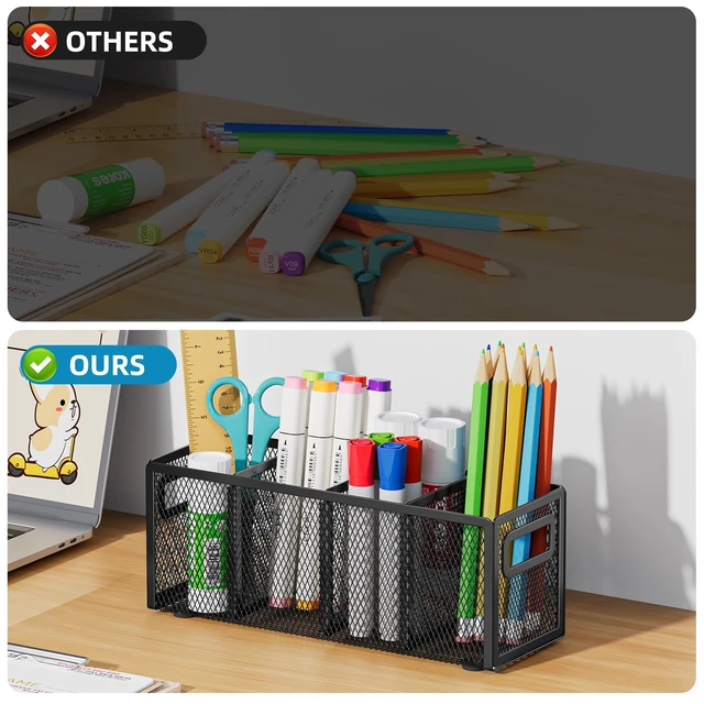Alt view image 5 of 6 - Mesh Pen Holder for Desk, Pencil Holder Desk Organizer 3 Adjustable Compartments, Pencil Cup with Handle Perfect for Classroom, Office, Home, Makeup, Art (4 Compartments - Black)