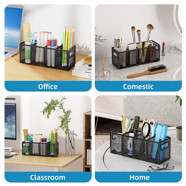 Alt view image 6 of 6 - Mesh Pen Holder for Desk, Pencil Holder Desk Organizer 3 Adjustable Compartments, Pencil Cup with Handle Perfect for Classroom, Office, Home, Makeup, Art (4 Compartments - Black)