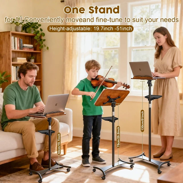 Alt view image 3 of 7 - 2 in 1 Dual-use Music Stand & Desktop Book Stand, Adjustable Height 16.5"-51", 100% Solid Wood Laptop Floor Stand Book Holder with Elastic Page Clips for Cookbooks (Black Walnut with Tray and Wheels)