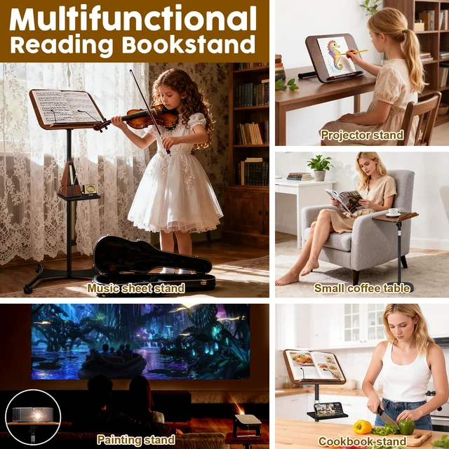 Alt view image 4 of 7 - 2 in 1 Dual-use Music Stand & Desktop Book Stand, Adjustable Height 16.5"-51", 100% Solid Wood Laptop Floor Stand Book Holder with Elastic Page Clips for Cookbooks (Black Walnut with Tray and Wheels)