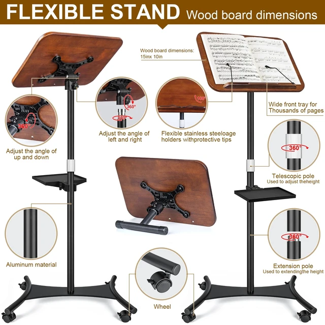 Alt view image 5 of 7 - 2 in 1 Dual-use Music Stand & Desktop Book Stand, Adjustable Height 16.5"-51", 100% Solid Wood Laptop Floor Stand Book Holder with Elastic Page Clips for Cookbooks (Black Walnut with Tray and Wheels)