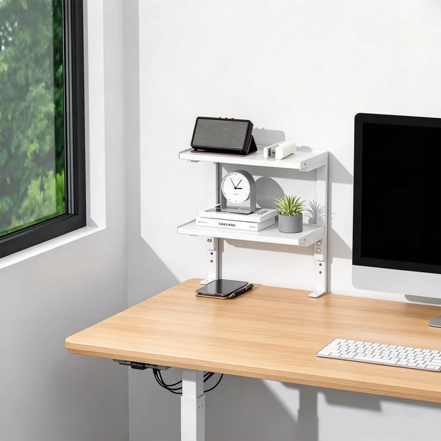 Alt view image 2 of 7 - 2 Tier Clamp on Desk Shelf (White) Office Desk Shelves Organizer, Wood Desktop Supplies Storage Rack, Desk Organizers and Accessories