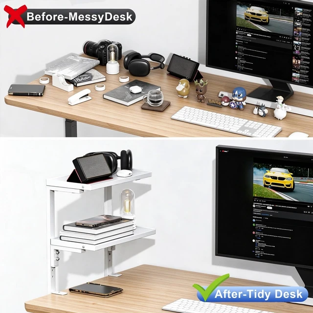 Alt view image 4 of 7 - 2 Tier Clamp on Desk Shelf (White) Office Desk Shelves Organizer, Wood Desktop Supplies Storage Rack, Desk Organizers and Accessories