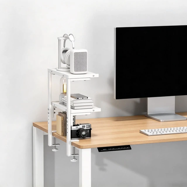 Alt view image 7 of 7 - 2 Tier Clamp on Desk Shelf (White) Office Desk Shelves Organizer, Wood Desktop Supplies Storage Rack, Desk Organizers and Accessories