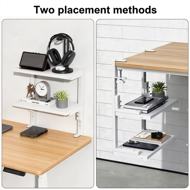 Alt view image 5 of 7 - 2 Tier Clamp on Desk Shelf (White) Office Desk Shelves Organizer, Wood Desktop Supplies Storage Rack, Desk Organizers and Accessories