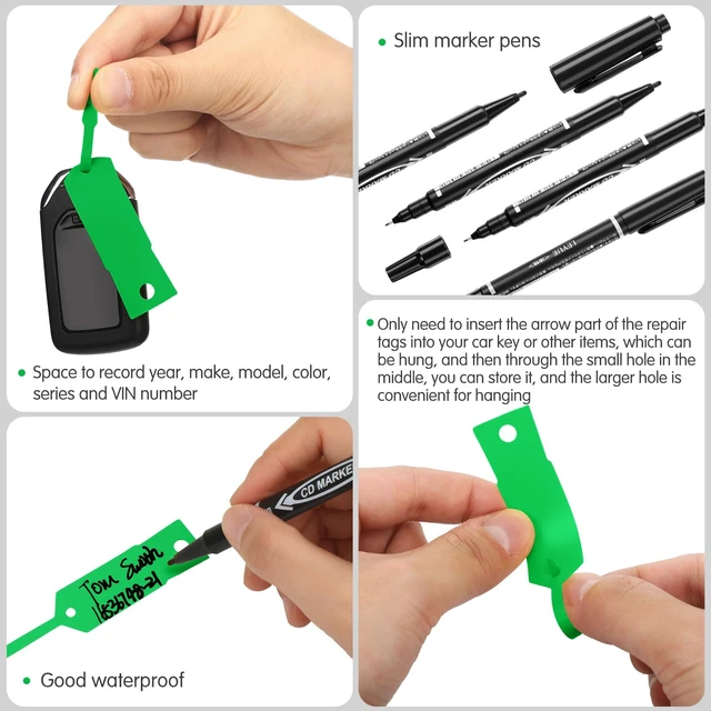 Alt view image 3 of 7 - 2000 Pcs Self Locking Arrow Key Tags,Green, 4 1/2 x 3/4 Inch Car Key Labels Self Lock Identifiers Car Parts Tags with 5 Pcs Black Pens for Office Automotive Shop Supplies