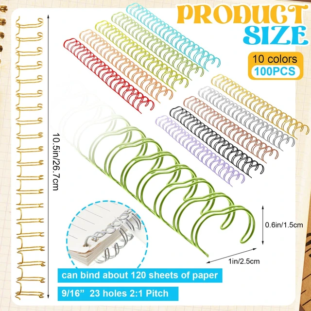 Alt view image 2 of 6 - 100 Pcs 9/16 Metal Double Loop Binding Wires Bulk Binding Wires Double Spiral Ring Coil 10 Colors Twin Spines Combs 23 Holes 2: 1 Pitch Coil Machine Wire