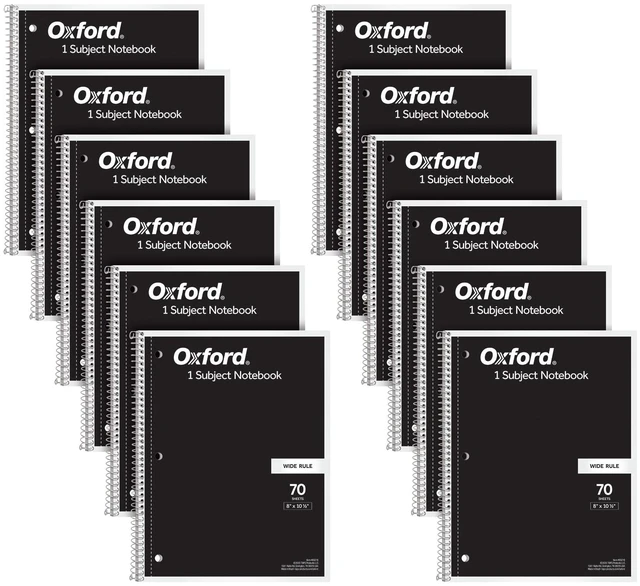 Main image of Spiral Notebook 12 Pack, Bulk College Ruled Spiral Notebooks for School, 1 Subject, Wide Ruled Paper, 8 x 10-1/2 Inch, Black Covers, 70 Perforated Lined Sheets, Writing Journal (65216)