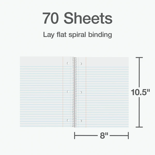 Alt view image 2 of 7 - Spiral Notebook 12 Pack, Bulk College Ruled Spiral Notebooks for School, 1 Subject, Wide Ruled Paper, 8 x 10-1/2 Inch, Black Covers, 70 Perforated Lined Sheets, Writing Journal (65216)