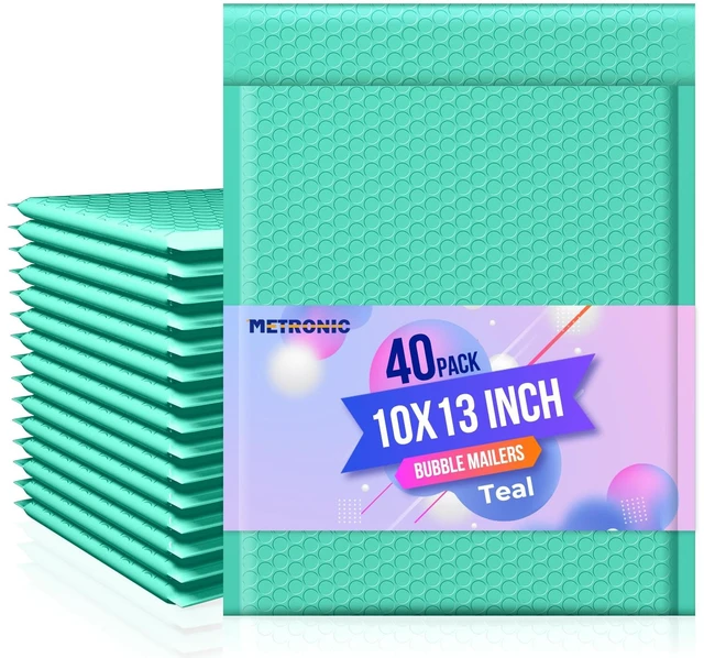 Main image of Bubble Mailers 10x13" Padded Envelopes Teal 40 Pack Waterproof Poly Shipping Bags for Clothing,Self Seal Cushioning,Mailing Pouches for Shipping Books,Jewelry,Makeup Supplies,Opaque,Bulk