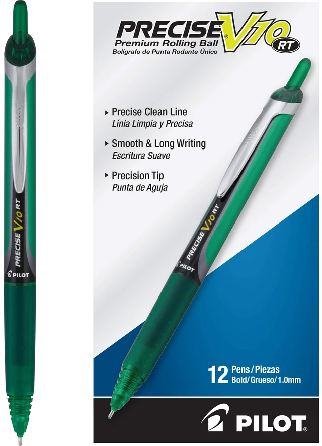 Main image of Precise V10 RT Retractable Ball Pens, 1.0mm, Green, 12-Pack Writing made smooth, retractable ink pens for writing, refillable, rolling ball, green pens, bold point
