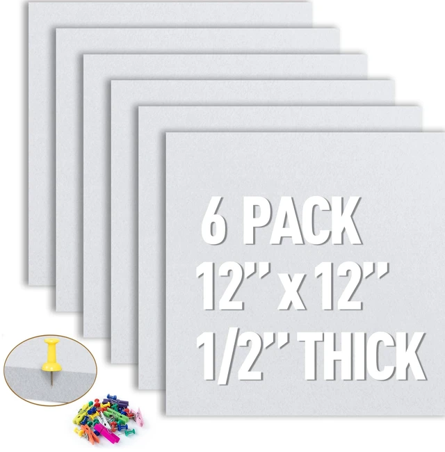 Main image of White Cork Bulletin Board 12x12, 1/2" Thick Felt Cork Board Tiles 6 Pack, Small Square Pin Board for Wall, Self Adhesive Corkboards with 60 Push Pin Wood Clips for School, Home & Office