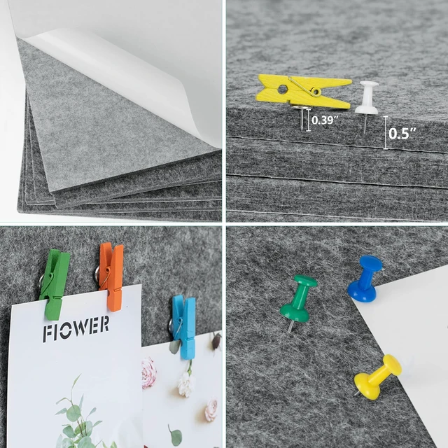 Alt view image 5 of 7 - Cork Bulletin Board 12x12, 1/2" Thick Felt Cork Board Tiles 6 Pack, Small Square Pin Board for Wall, Self Adhesive Corkboards with 60 Push Pin Wood Clips for School, Home & Office, Grey