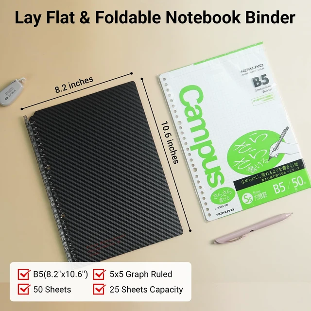 Alt view image 2 of 6 - Smart Ring Binder Notebooks, 2 Pcs B5 Refillable Notebook, 8mm Ruled, 20 Sheets Each, Plus Extra 50 Sheets 5x5 Graph Loose Leaf Paper, 25 Sheet Capacity, Ideal for School & Work, Black & White