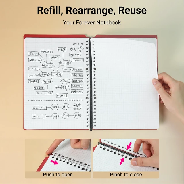 Alt view image 4 of 6 - Smart Ring Binder Notebooks, 2 Pcs B5 Refillable Notebook, 8mm Ruled, 20 Sheets Each, Plus Extra 50 Sheets 5x5 Graph Loose Leaf Paper, 25 Sheet Capacity, Ideal for School & Work, Black & White