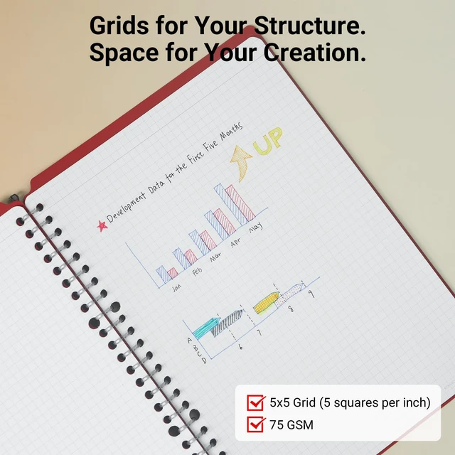 Alt view image 5 of 6 - Smart Ring Binder Notebooks, 2 Pcs B5 Refillable Notebook, 8mm Ruled, 20 Sheets Each, Plus Extra 50 Sheets 5x5 Graph Loose Leaf Paper, 25 Sheet Capacity, Ideal for School & Work, Black & White