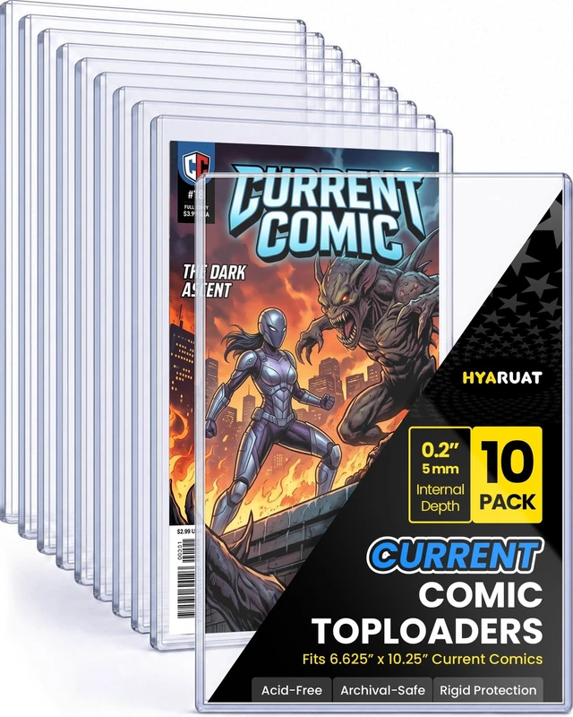 Main image of 10 Pack Current Comic Book Top Loaders, 195 PT 15 Mil Rigid PVC 5mm Deep Comic Book Hard Plastic Sleeves Protectors for Modern Comics Storage, Display, Collection & Signed Comics, Blue Tint