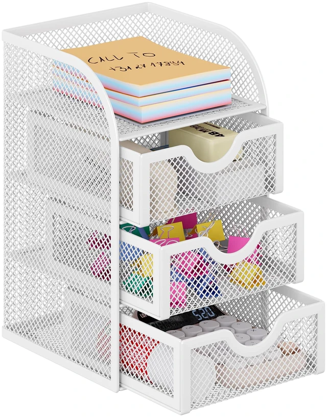 Main image of Mesh Desk Organizer with 3 Drawer Office Desktop Organizers and Accessories Stationery Caddy for Office, Home, Students, White