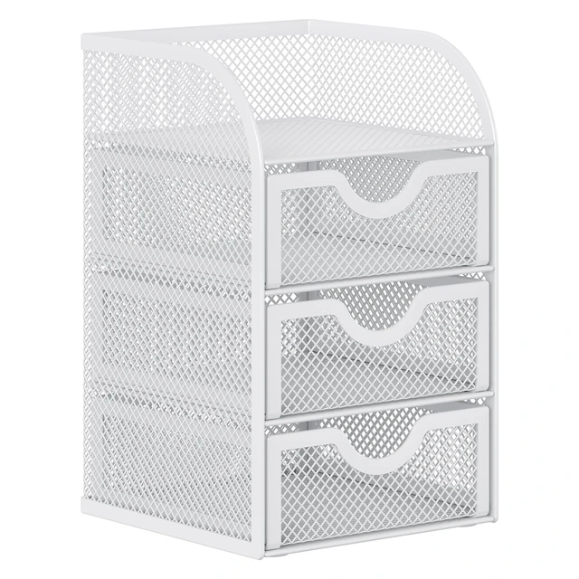 Alt view image 2 of 7 - Mesh Desk Organizer with 3 Drawer Office Desktop Organizers and Accessories Stationery Caddy for Office, Home, Students, White