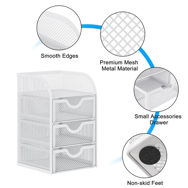 Alt view image 3 of 7 - Mesh Desk Organizer with 3 Drawer Office Desktop Organizers and Accessories Stationery Caddy for Office, Home, Students, White