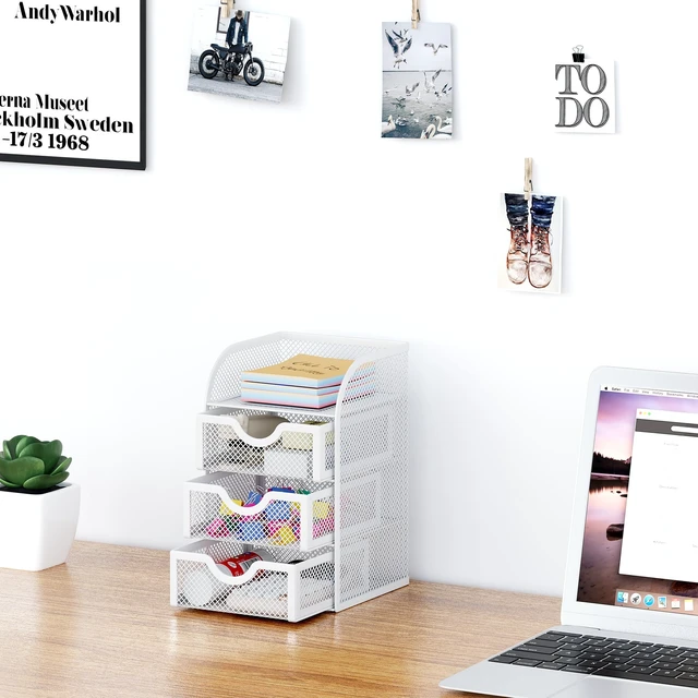 Alt view image 5 of 7 - Mesh Desk Organizer with 3 Drawer Office Desktop Organizers and Accessories Stationery Caddy for Office, Home, Students, White