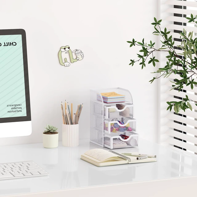 Alt view image 6 of 7 - Mesh Desk Organizer with 3 Drawer Office Desktop Organizers and Accessories Stationery Caddy for Office, Home, Students, White