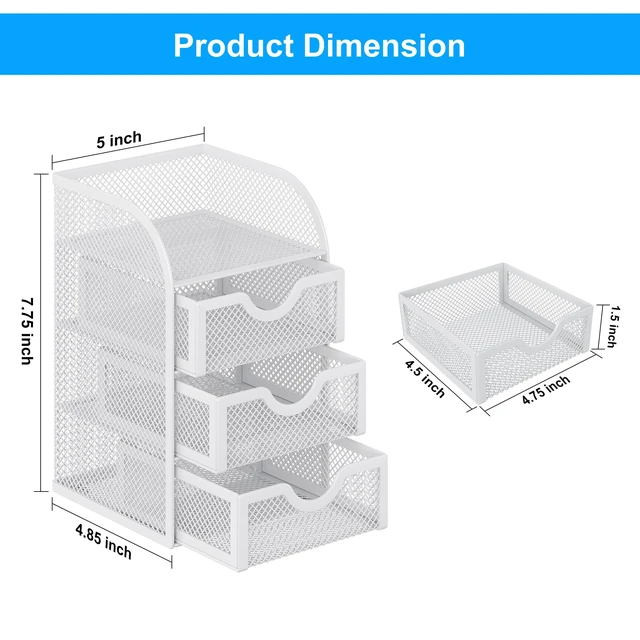 Alt view image 7 of 7 - Mesh Desk Organizer with 3 Drawer Office Desktop Organizers and Accessories Stationery Caddy for Office, Home, Students, White