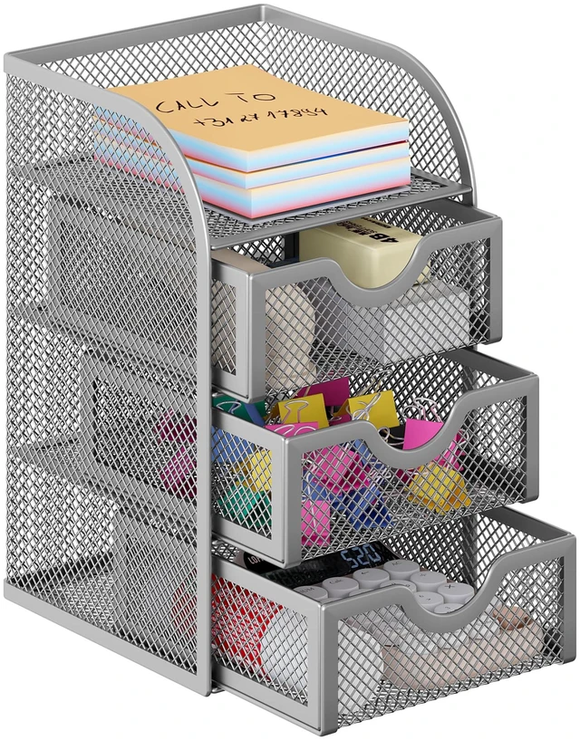 Main image of Mesh Desk Organizer with 3 Drawer Office Desktop Organizers and Accessories Stationery Caddy for Office, Home, Students, Silver