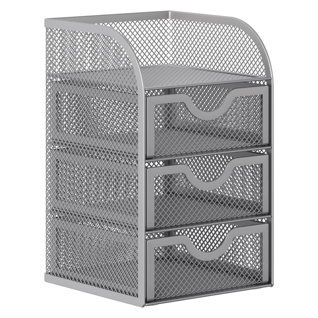 Alt view image 2 of 7 - Mesh Desk Organizer with 3 Drawer Office Desktop Organizers and Accessories Stationery Caddy for Office, Home, Students, Silver
