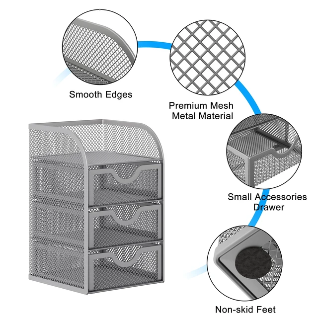 Alt view image 3 of 7 - Mesh Desk Organizer with 3 Drawer Office Desktop Organizers and Accessories Stationery Caddy for Office, Home, Students, Silver