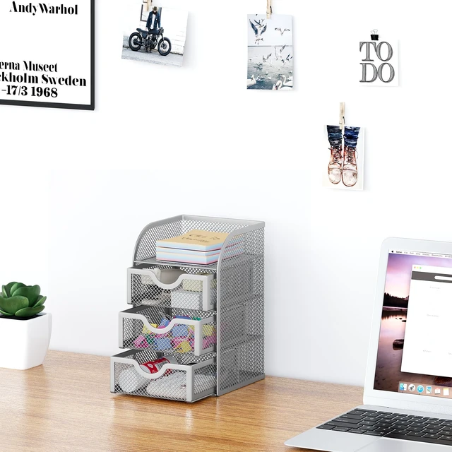 Alt view image 5 of 7 - Mesh Desk Organizer with 3 Drawer Office Desktop Organizers and Accessories Stationery Caddy for Office, Home, Students, Silver