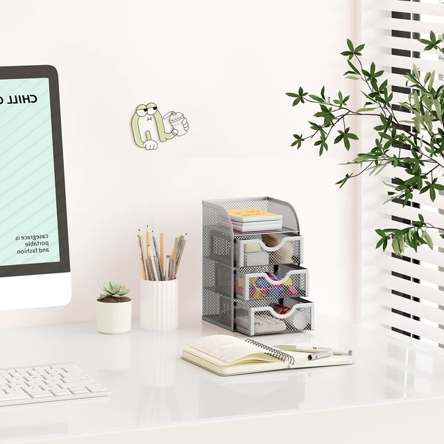 Alt view image 6 of 7 - Mesh Desk Organizer with 3 Drawer Office Desktop Organizers and Accessories Stationery Caddy for Office, Home, Students, Silver
