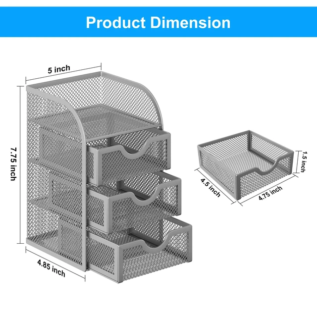 Alt view image 7 of 7 - Mesh Desk Organizer with 3 Drawer Office Desktop Organizers and Accessories Stationery Caddy for Office, Home, Students, Silver